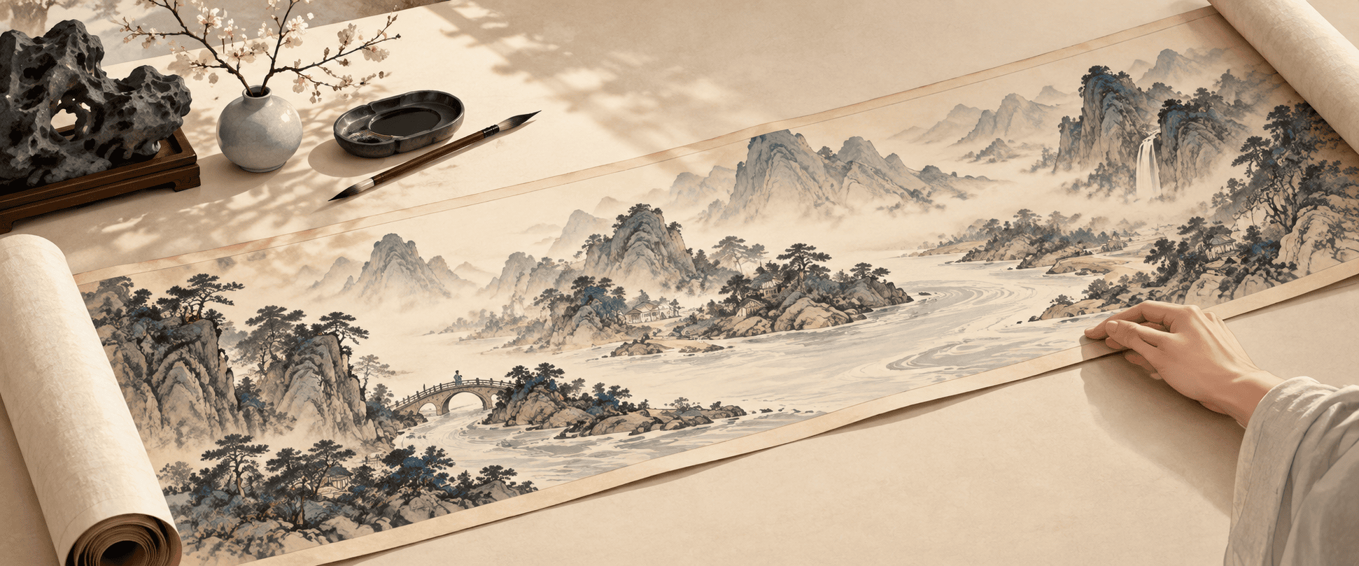Original illustration of a Chinese landscape handscroll partly opened on a table, with mountains and a river appearing section by section.
