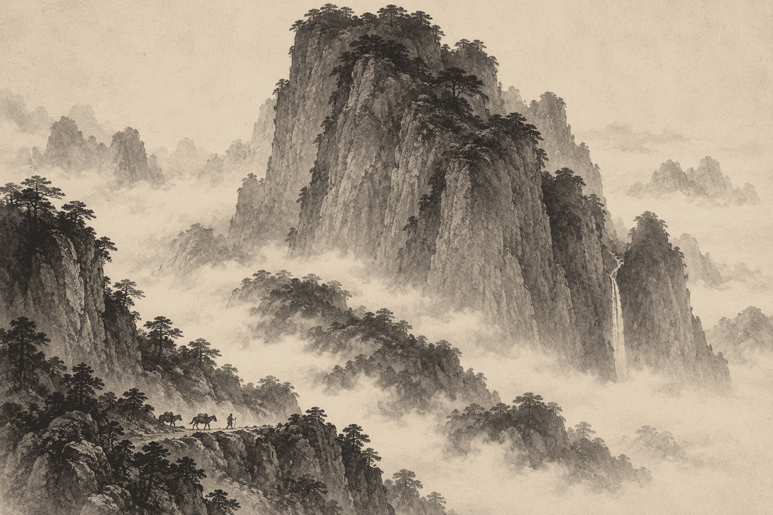 Original ink illustration of a vast mountain with a tiny caravan on a path below.