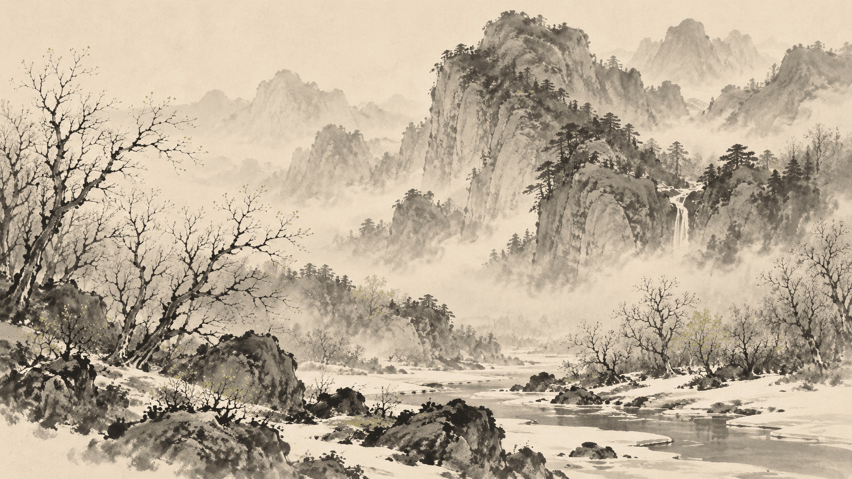 Original ink landscape illustration of bare trees, a thawing stream and mist in early spring.