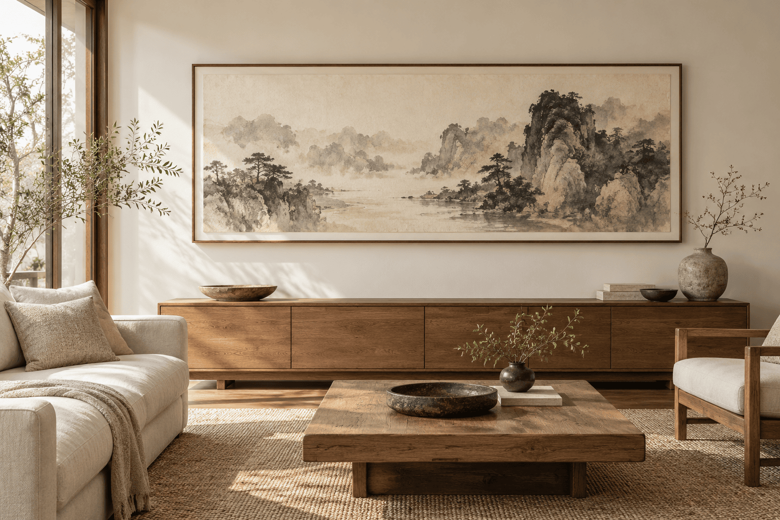 Contemporary room with a framed original ink landscape image above a low wooden sideboard.