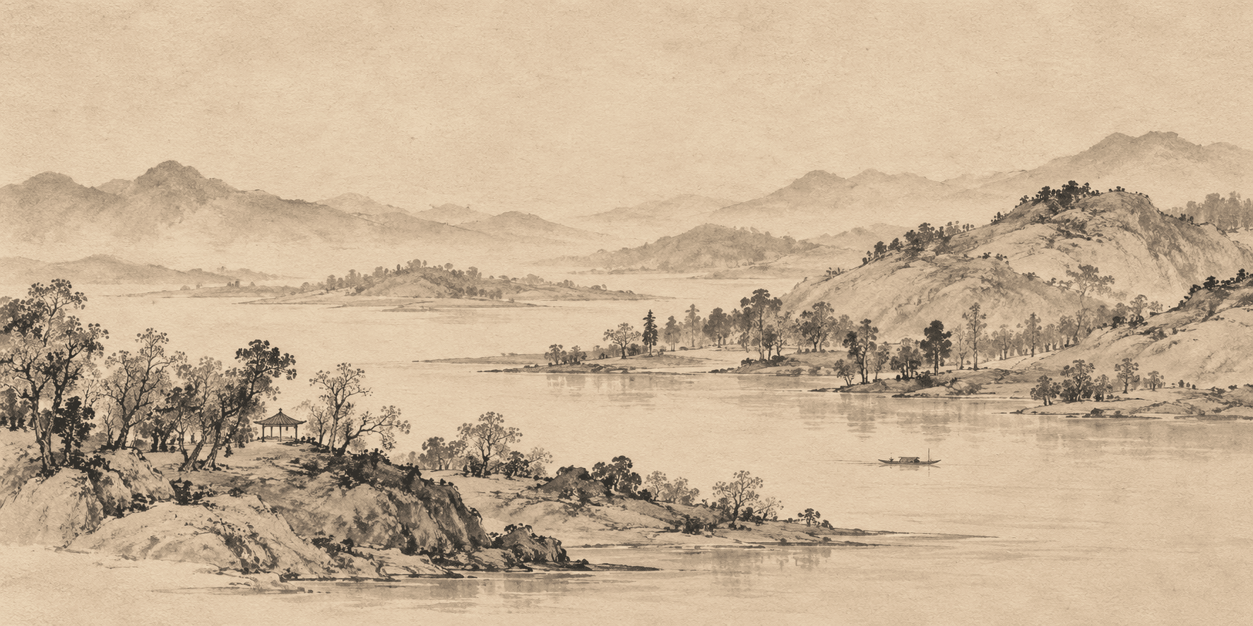 Original monochrome landscape illustration with low hills, a broad river, trees and a small pavilion on warm paper.