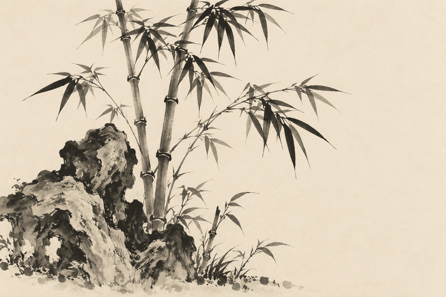 Original ink illustration of two bamboo stalks, varied leaves and a dark rock against open ivory paper.