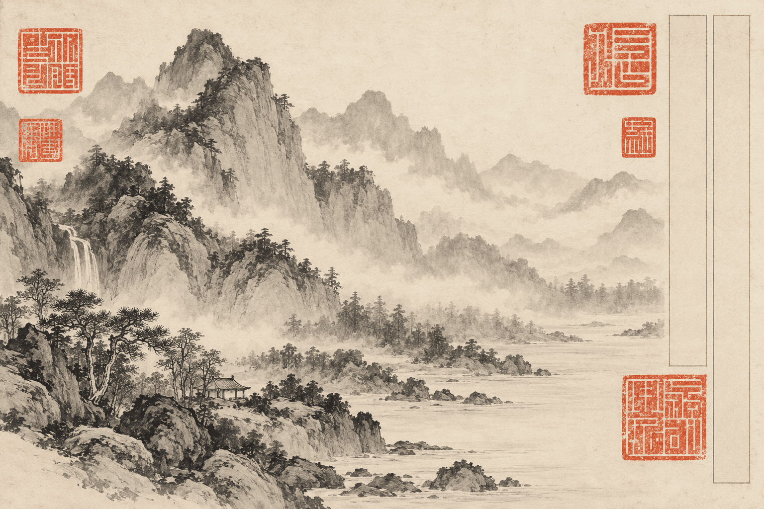 Original illustration of an imagined ink landscape with several red seal marks.