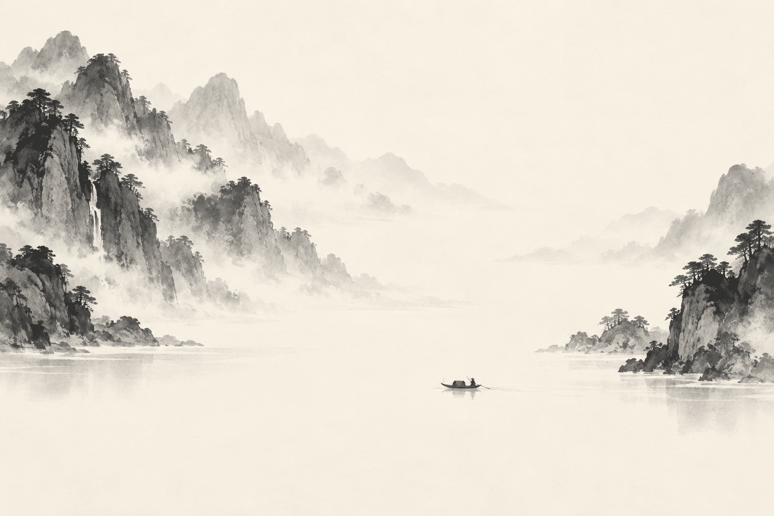 Imagined ink mountains framing an open area of pale paper, with a tiny boat in the distance.