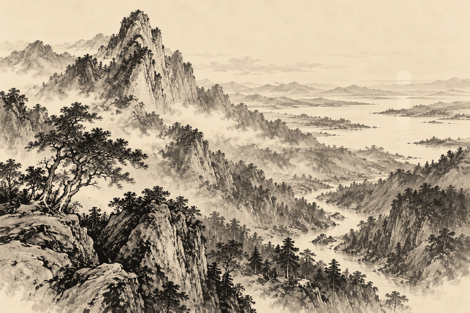 Original ink landscape showing a tall peak, a winding valley, and a broad river horizon.