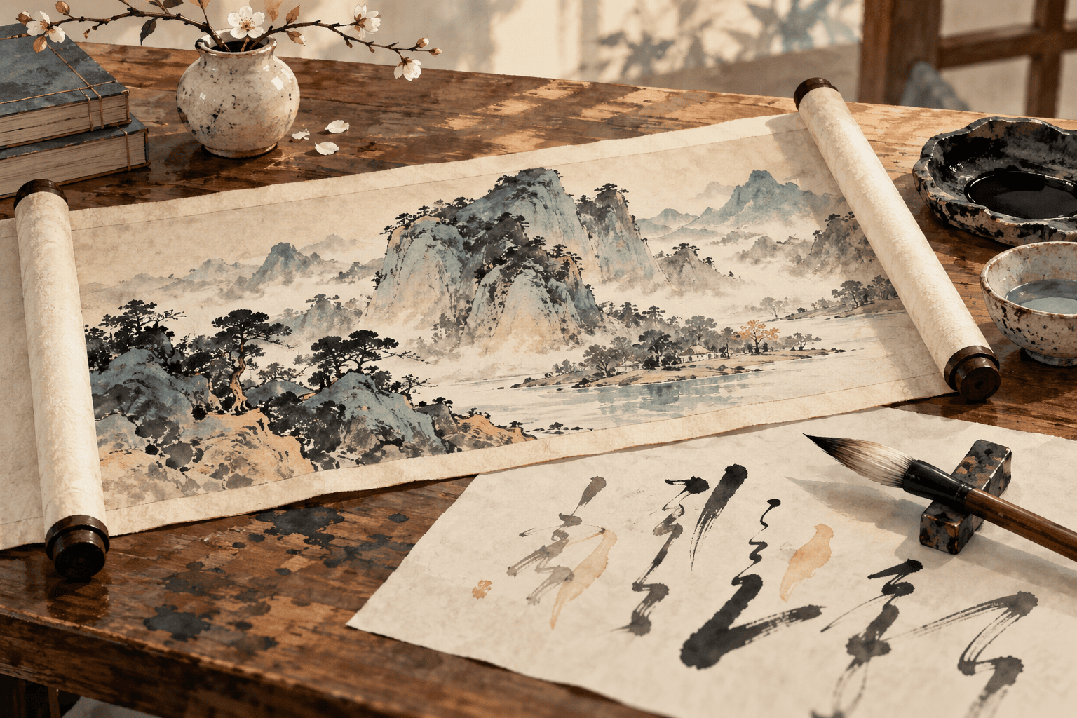Imagined landscape scroll beside a brush, with abstract non-readable calligraphic marks.