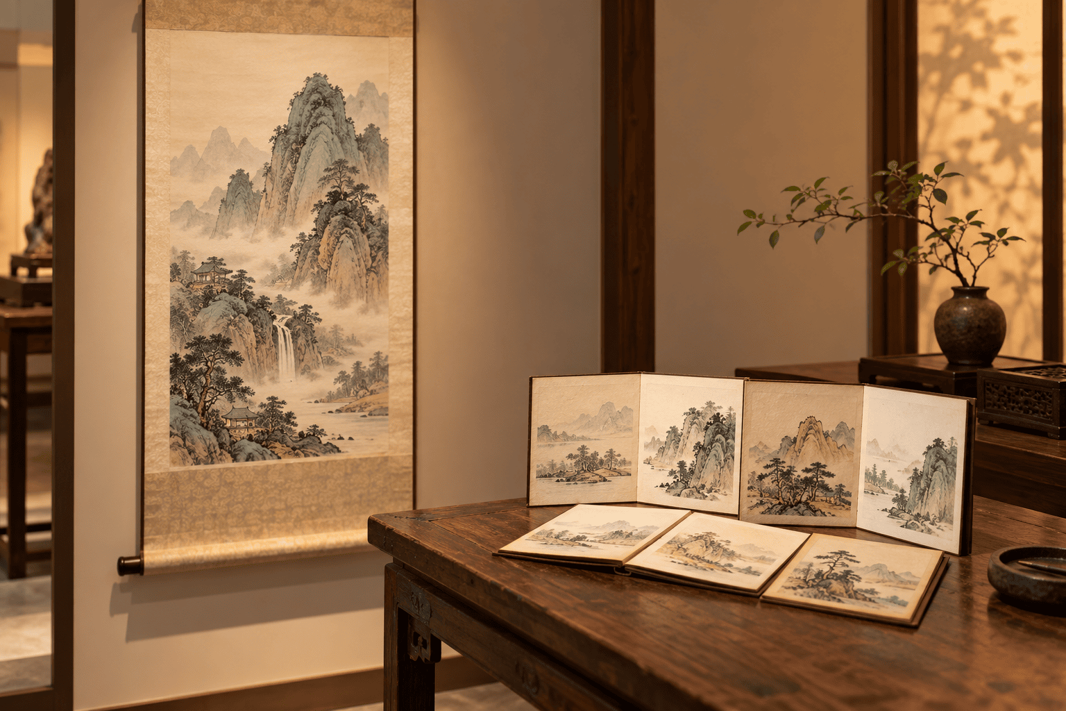 Original illustration of a hanging scroll on a wall and small painted album leaves on a table.