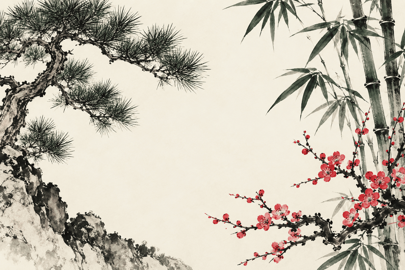 Original ink illustration of pine, bamboo, and plum blossoms around open paper.