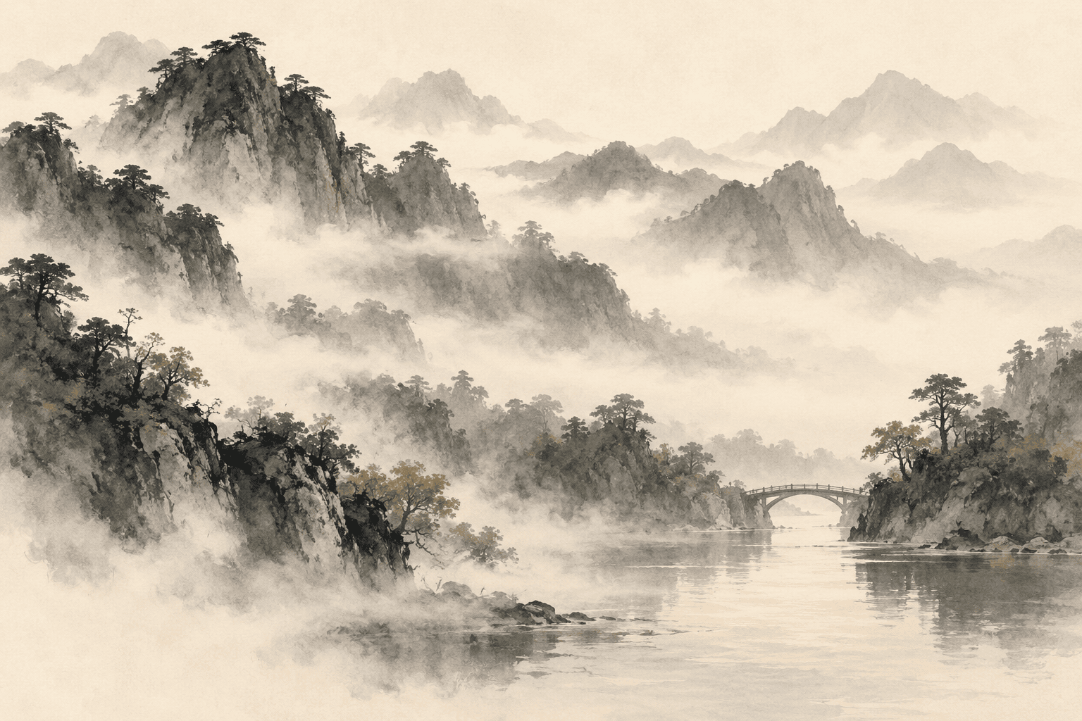 Original ink illustration of mountains receding behind pale mist above a river.