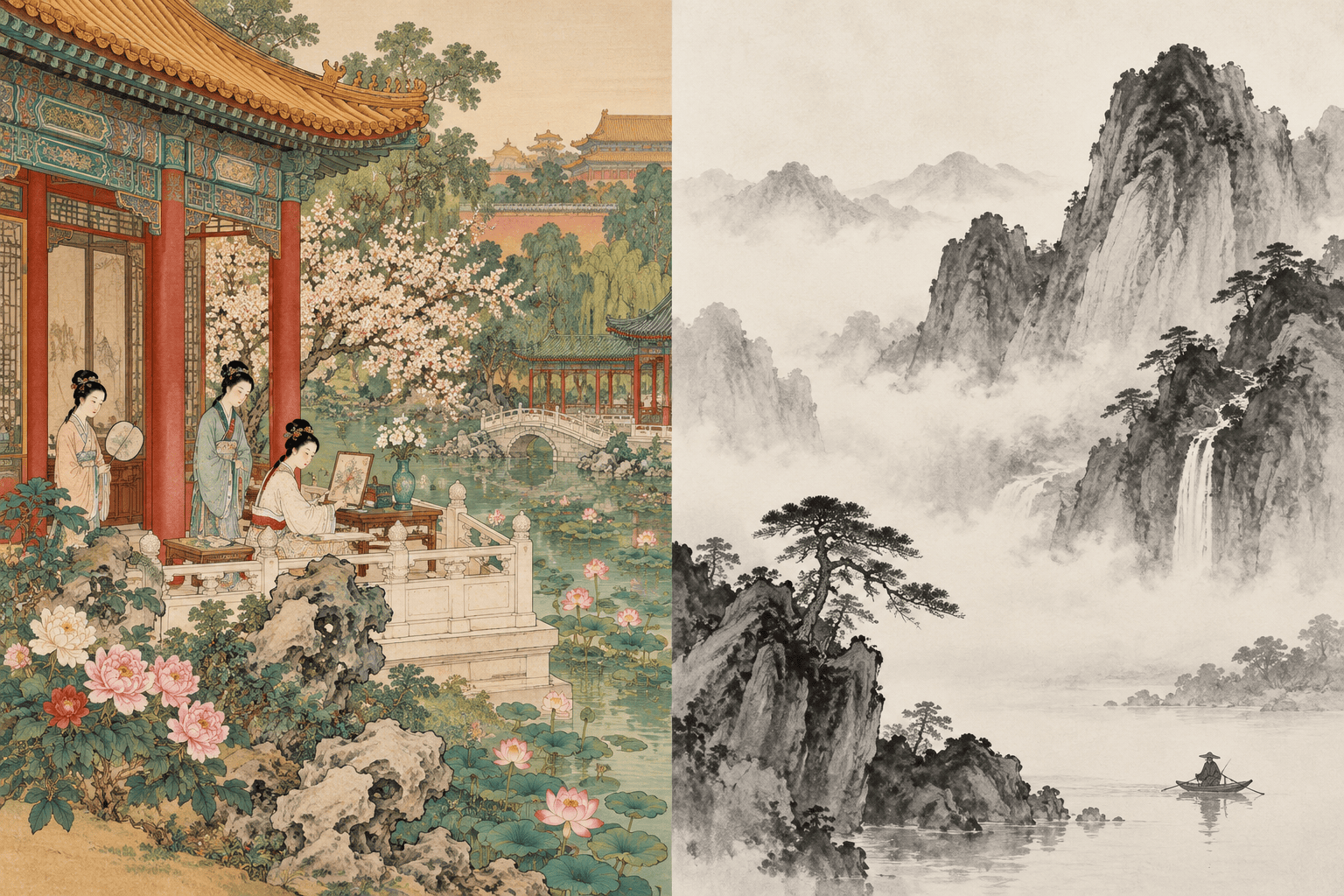 Original diptych contrasting a detailed garden scene with a spare ink mountain landscape.