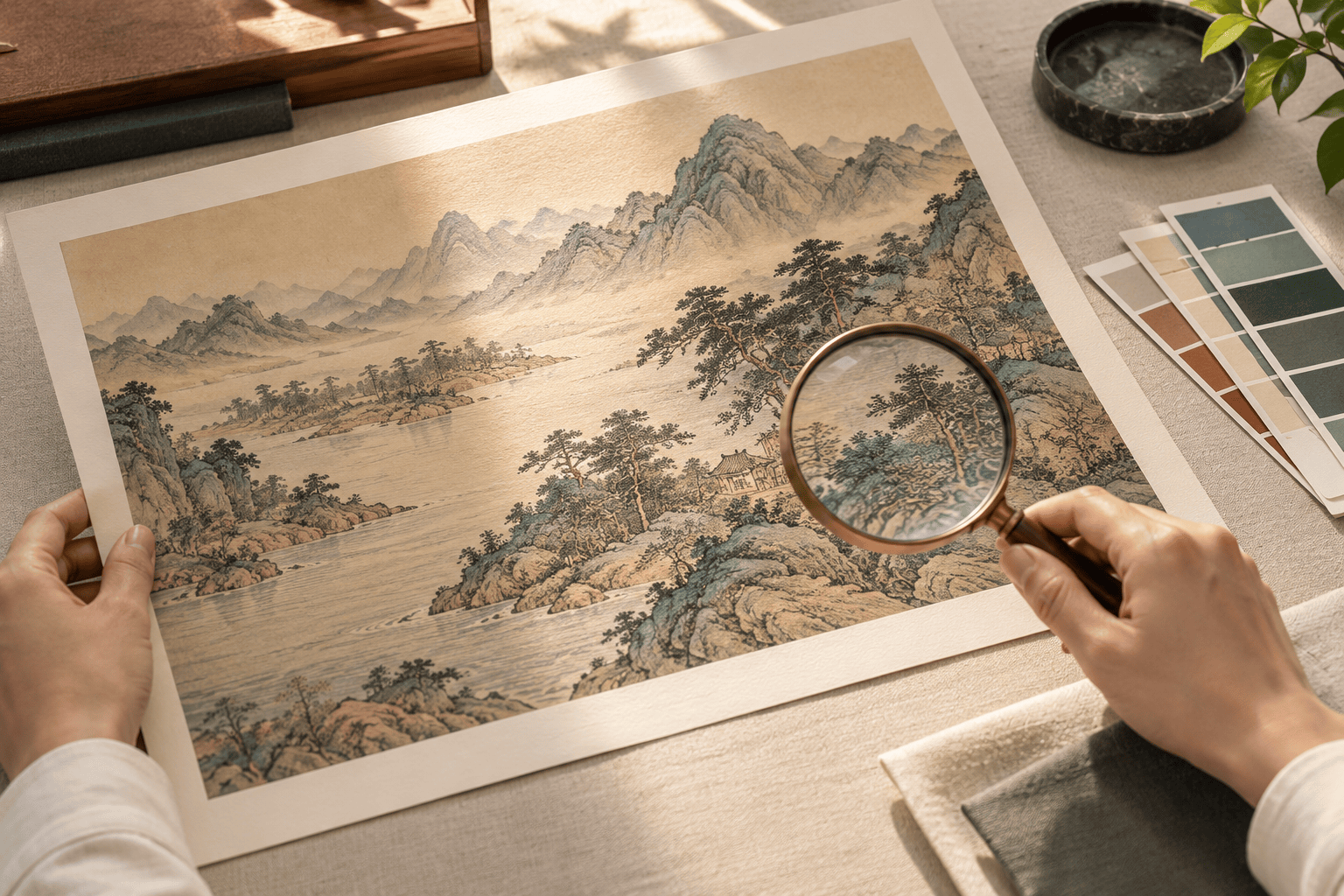 Original illustration of a landscape print being examined beside a magnifier and color samples.