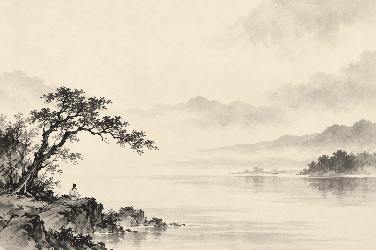 Original ink scene with a small riverside figure in one corner and broad open sky and water.