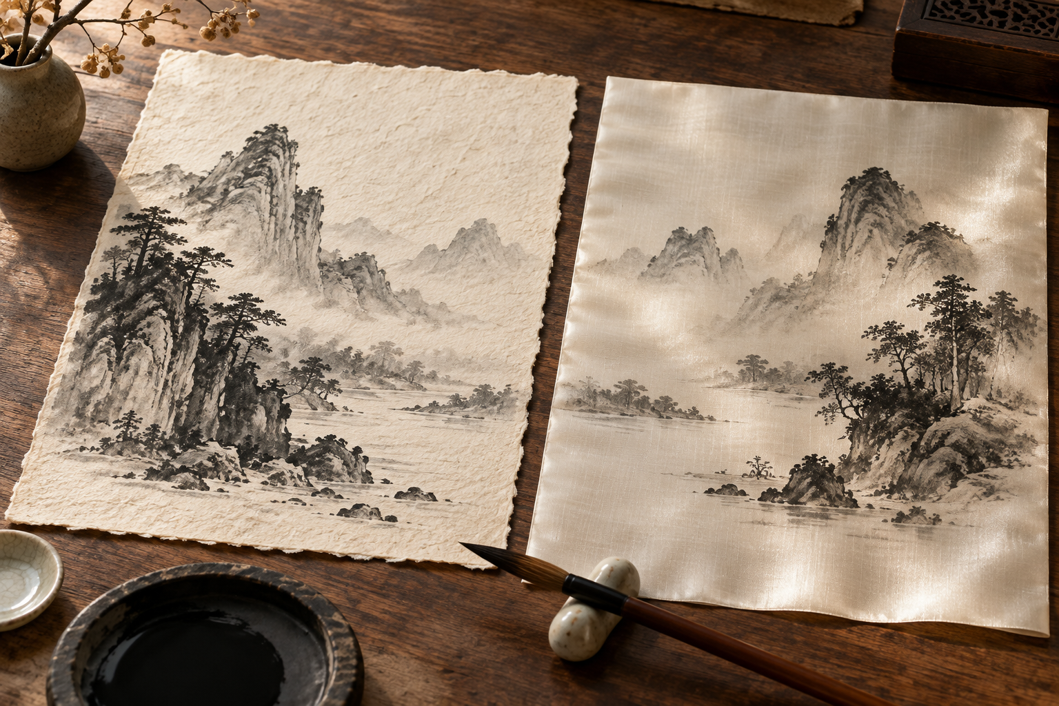 Original illustration comparing invented ink landscapes on textured paper and softly lustrous silk.
