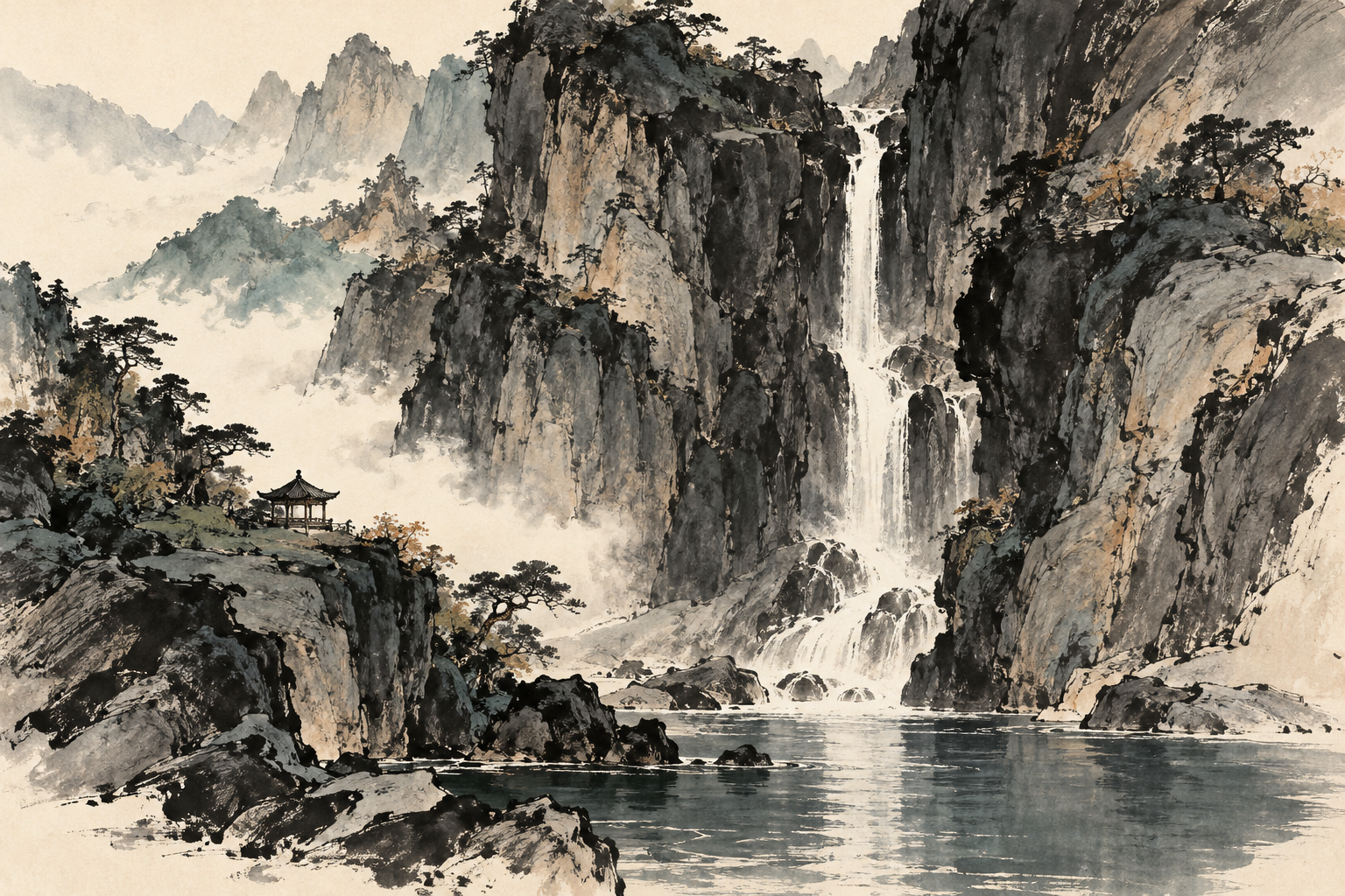 Original ink landscape with a narrow waterfall between layered cliffs and a small pavilion.