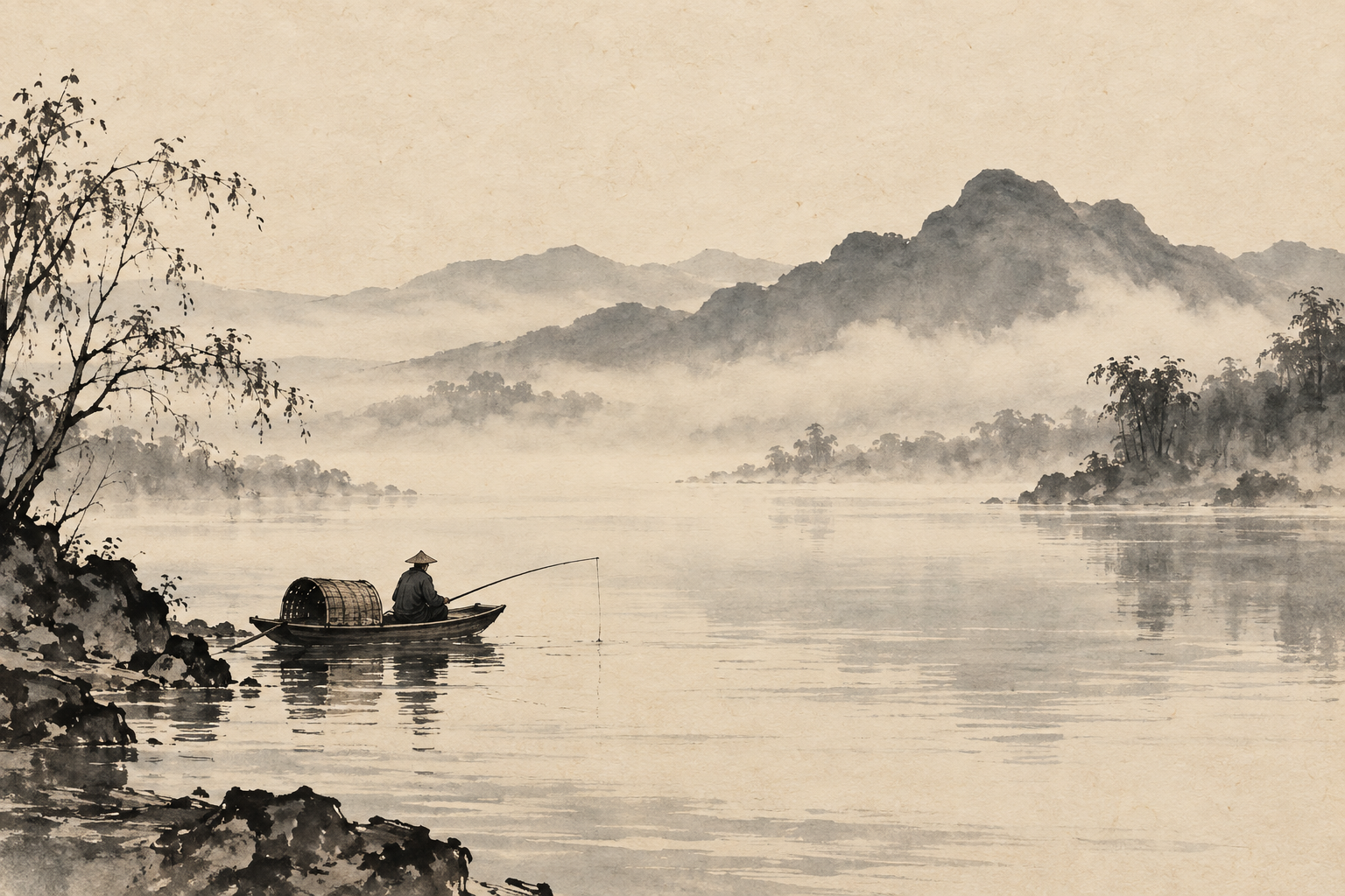 Original ink illustration of one fisherman in a small boat on a wide river below distant mountains.