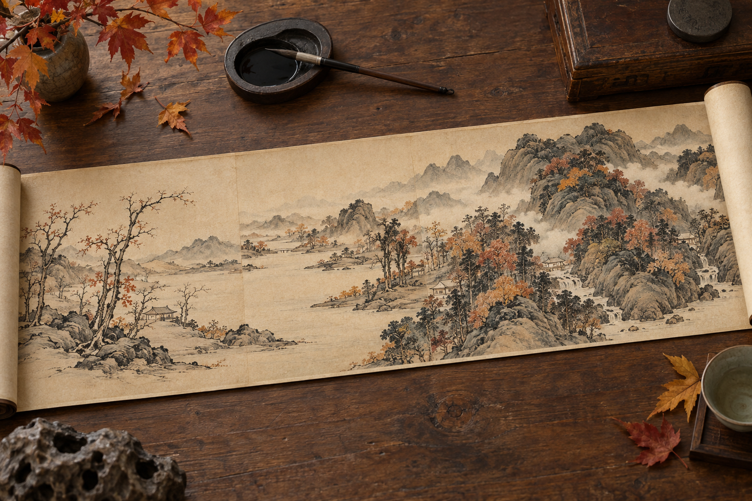 Original illustration of an imagined autumn handscroll changing from sparse trees to denser mountains.