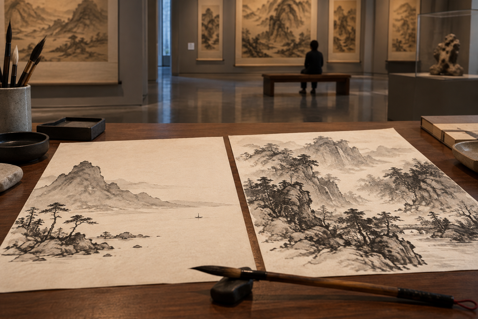 Original illustration of two invented ink landscape studies with related but distinct brushwork.