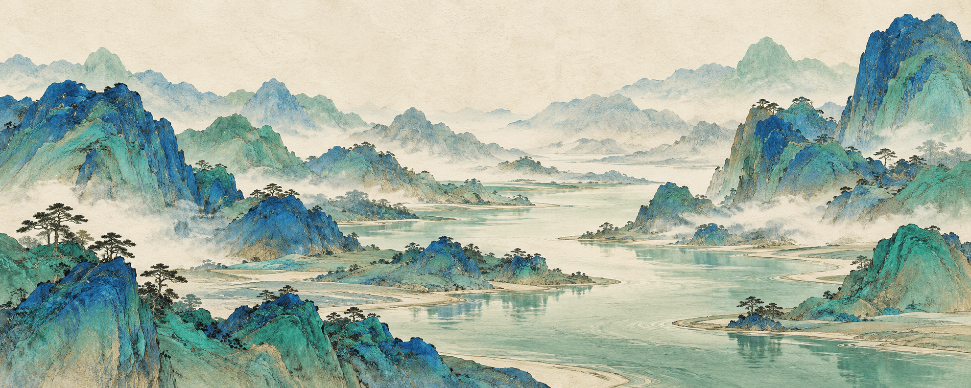 Original blue-green landscape illustration with layered mountains and winding water, inspired by shanshui painting but not a historical artwork